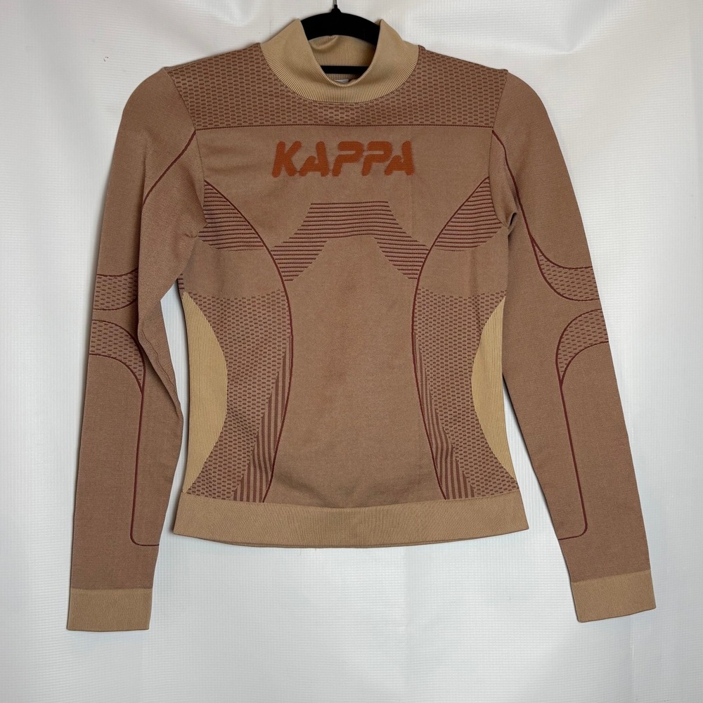 Kappa Womens Mock Neck Long‎ Sleeve Athletic Top Tan Brown Geometric Slim Fit